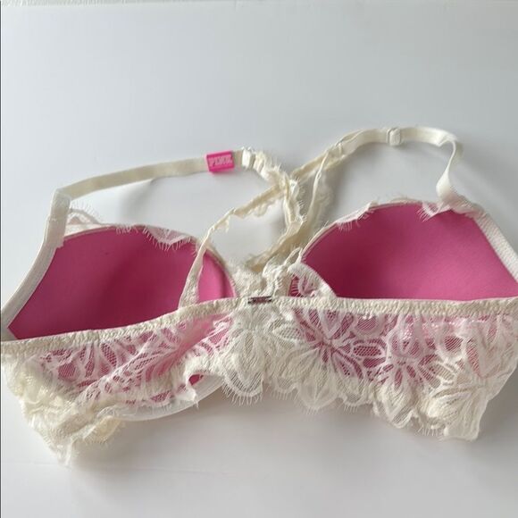 NWT VICTORIA'S SECRET PINK CREAM LACE PUSHUP BRA CROSS BACK FRONT CLOSURE 36C - Picture 3 of 5